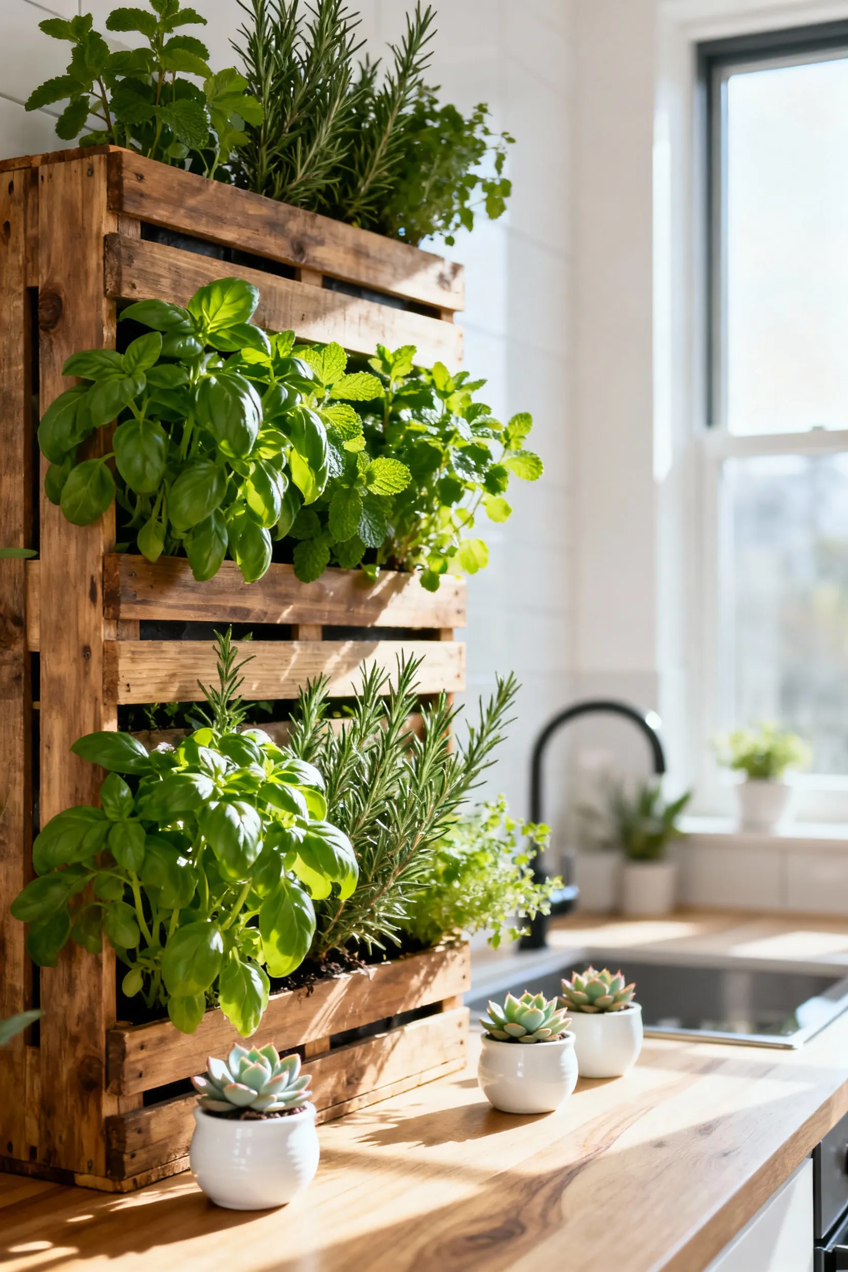 Vibrant vertical herb garden in a modern kitchen, featuring repurposed wooden crates with basil, mint, and rosemary. Natural light. Adds freshness and charm.