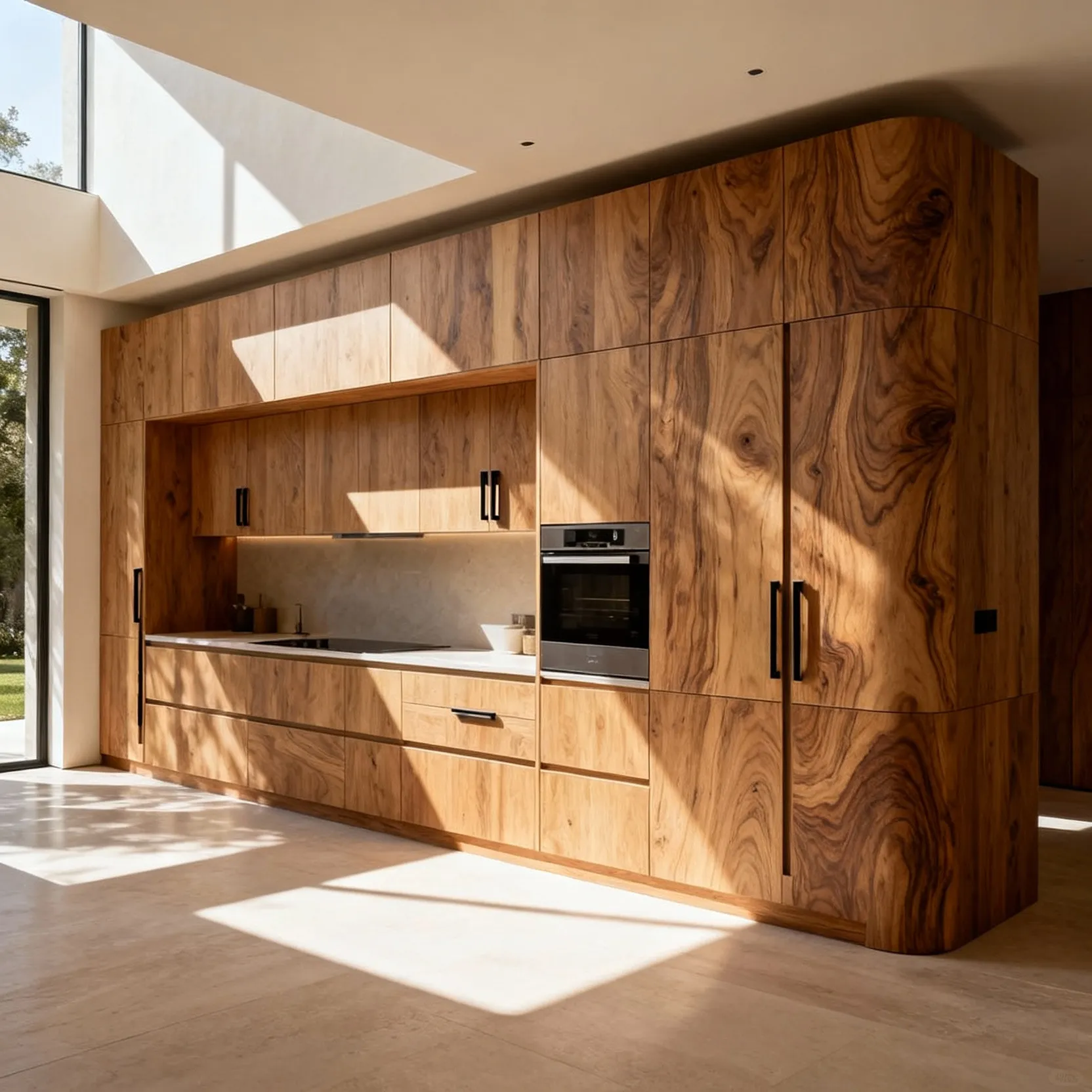 Luxury kitchen with bespoke joinery, custom-fit wooden cabinets, integrated handles, seamless design, high-end craftsmanship, minimalist kitchen aesthetic.