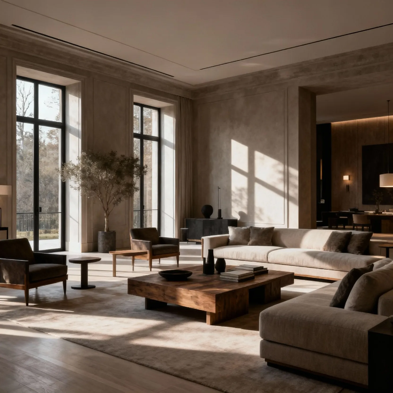 Luxurious living room showcasing perfectly calibrated proportions, featuring diverse furniture heights, clear circulation paths, and an elegant, serene atmosphere.