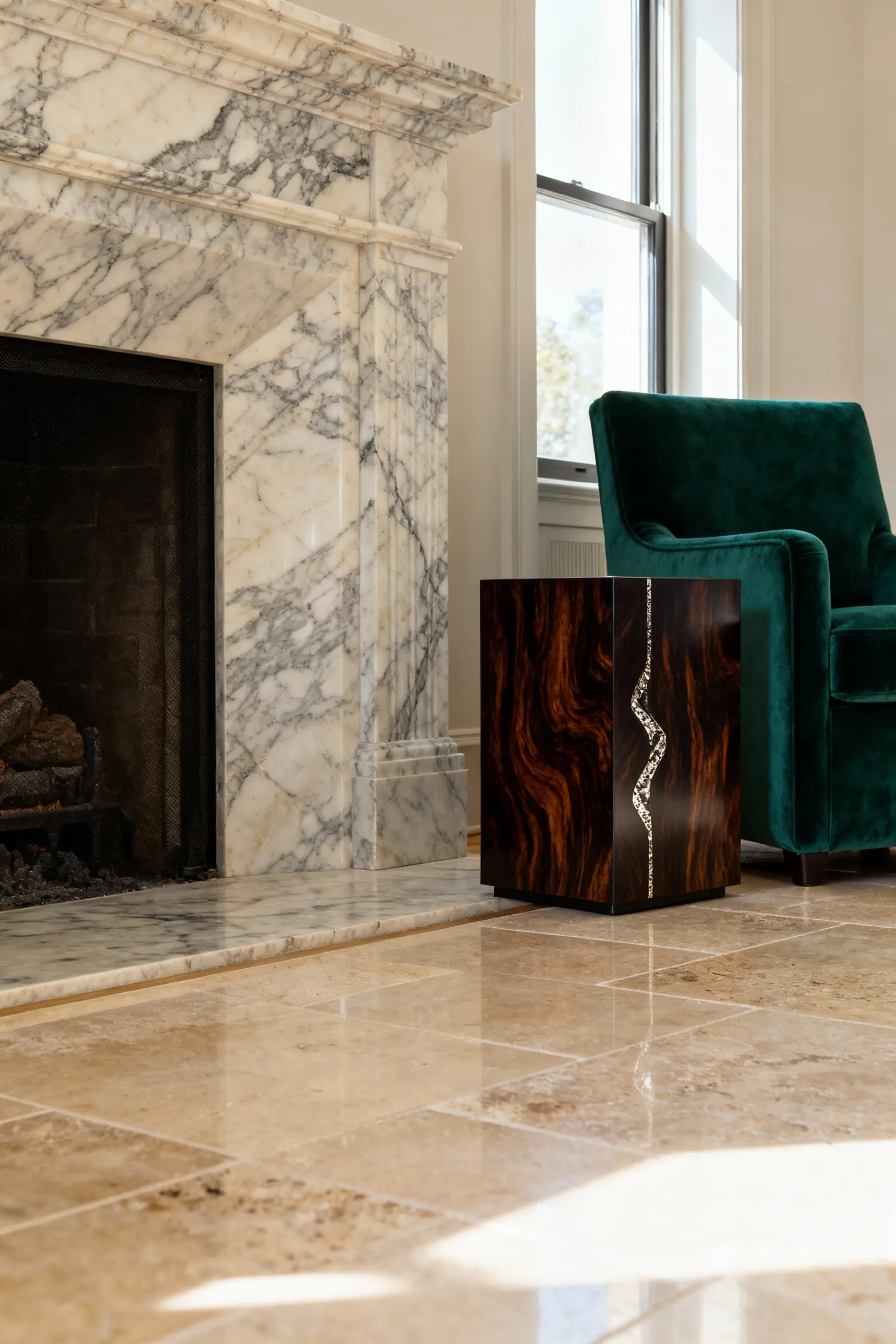 Luxurious living room corner featuring a combination of polished travertine flooring, honed marble fireplace, emerald velvet armchair, and exotic wood veneer side table, showcasing high-end surfaces and rich textures.