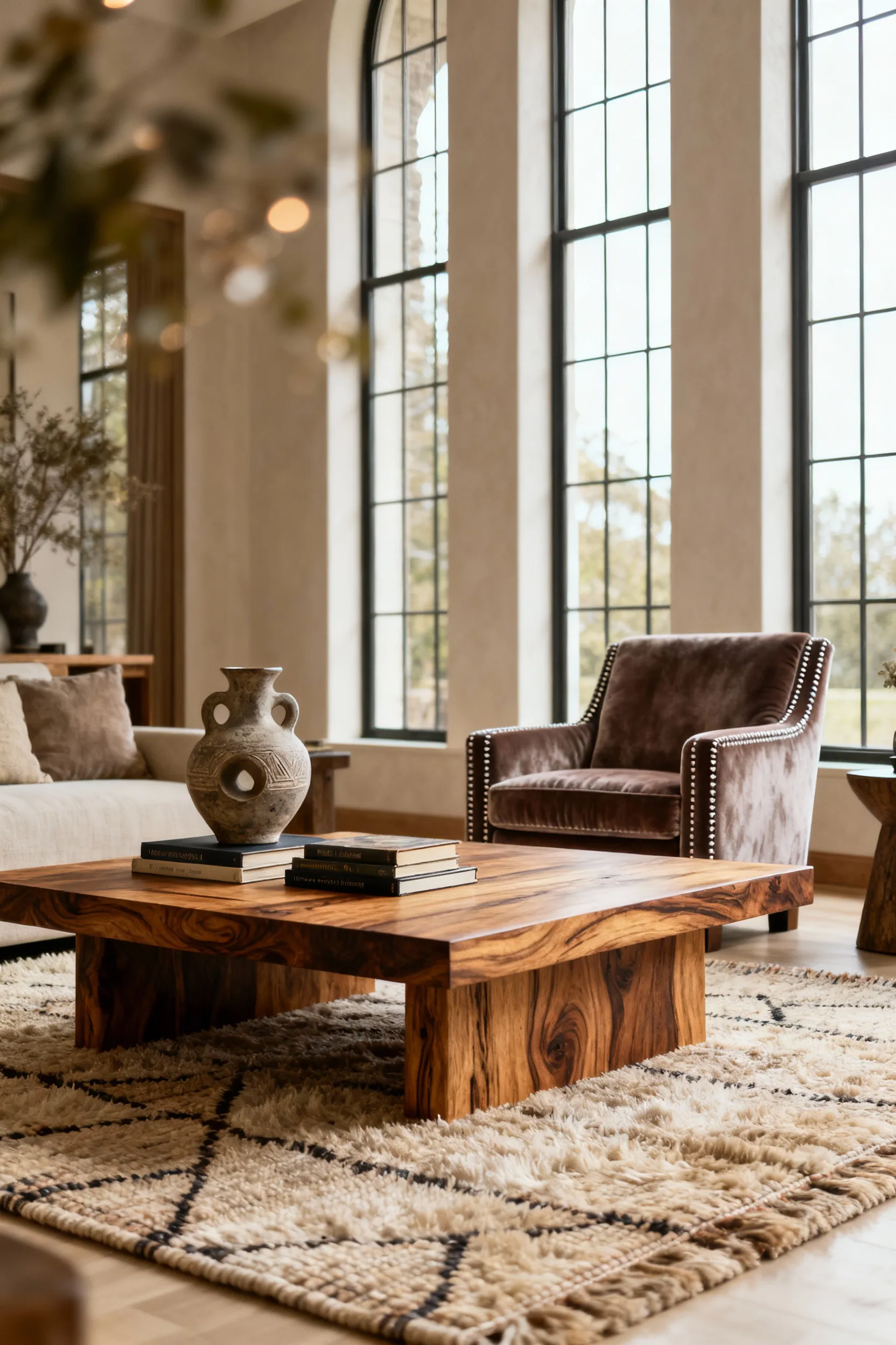 Opulent living room showcasing ethically sourced wooden coffee table, organic fiber rug, and velvet armchair, reflecting sustainable luxury design principles.