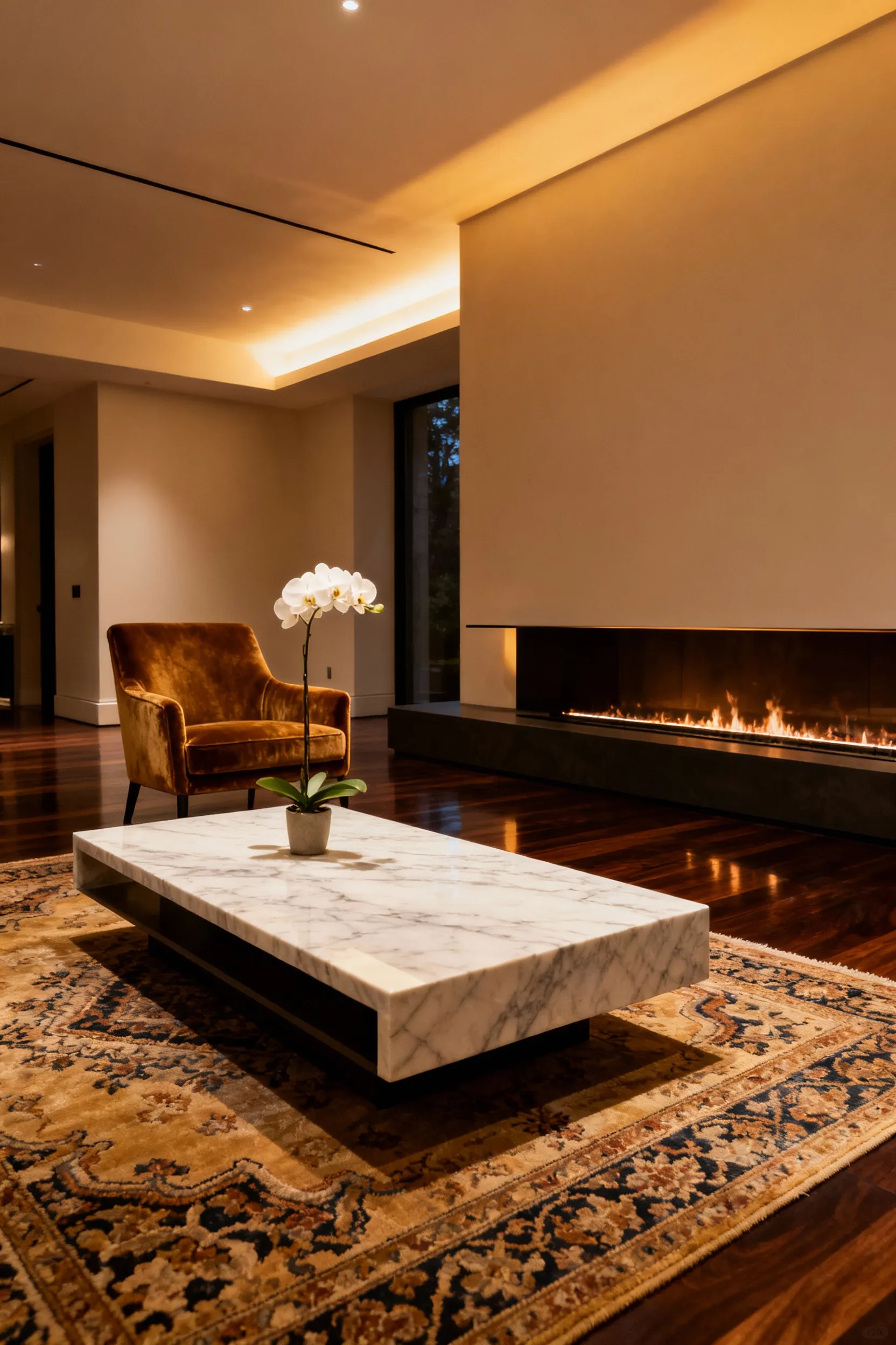 Opulent living room interior with subtle lighting, elegant decor, and rich textures, suggesting a beautifully scented atmosphere. Focus on deep comfort and sophisticated design.