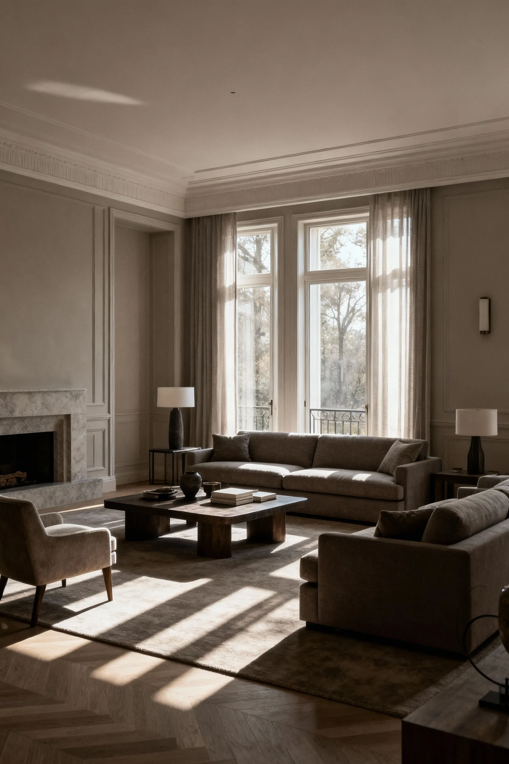 Luxurious living room showcasing perfectly calibrated proportions, featuring diverse furniture heights, clear circulation paths, and an elegant, serene atmosphere.