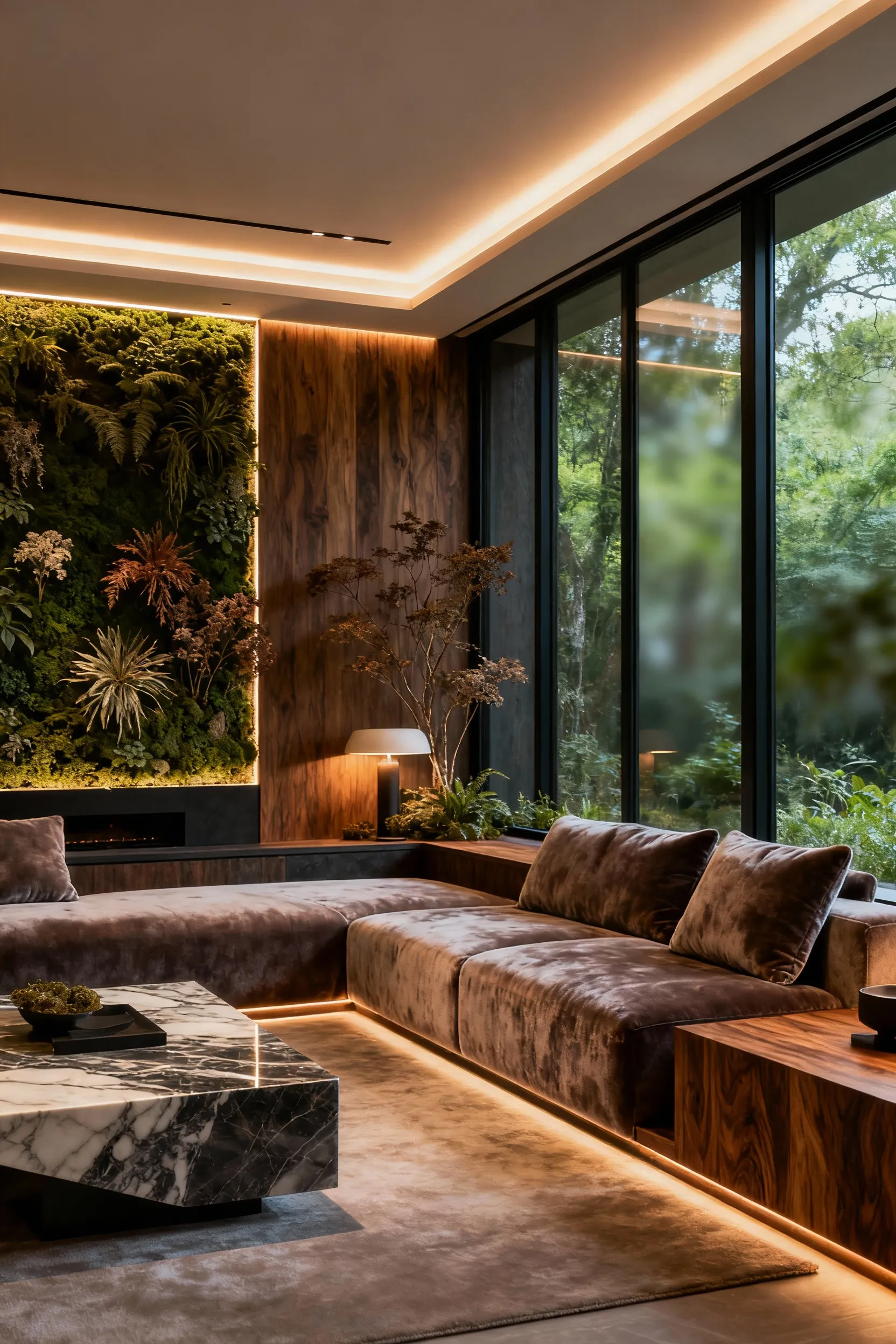 Luxurious living room designed as a sanctuary, featuring biophilic elements, soft chiaroscuro lighting, brushed velvet furniture, polished marble, and rich timber. The room promotes holistic well-being and retreat.