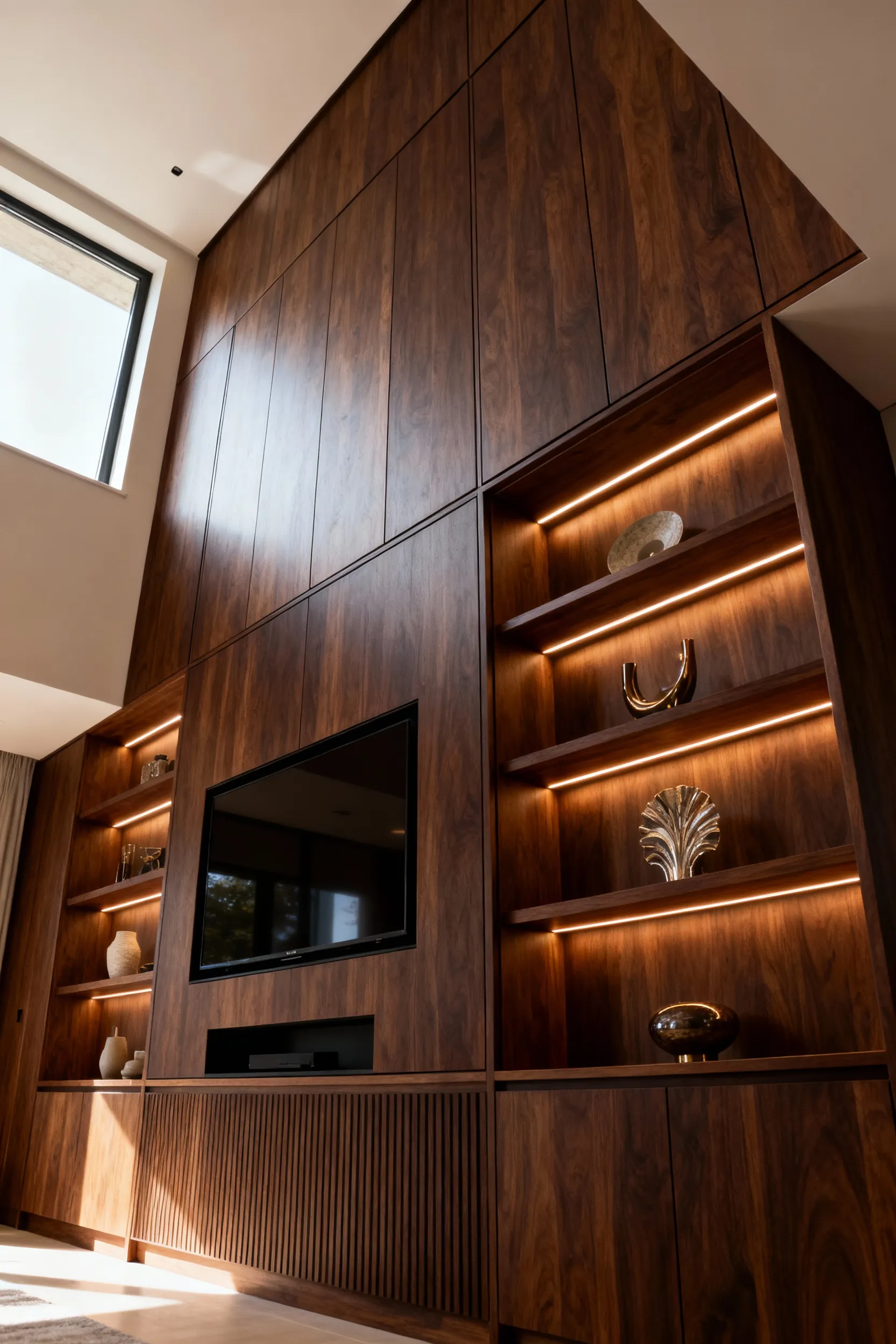 A luxurious living room with custom bespoke millwork. The integrated cabinetry features rich dark wood, concealed storage, and subtle LED lighting, creating a seamless and sophisticated design.