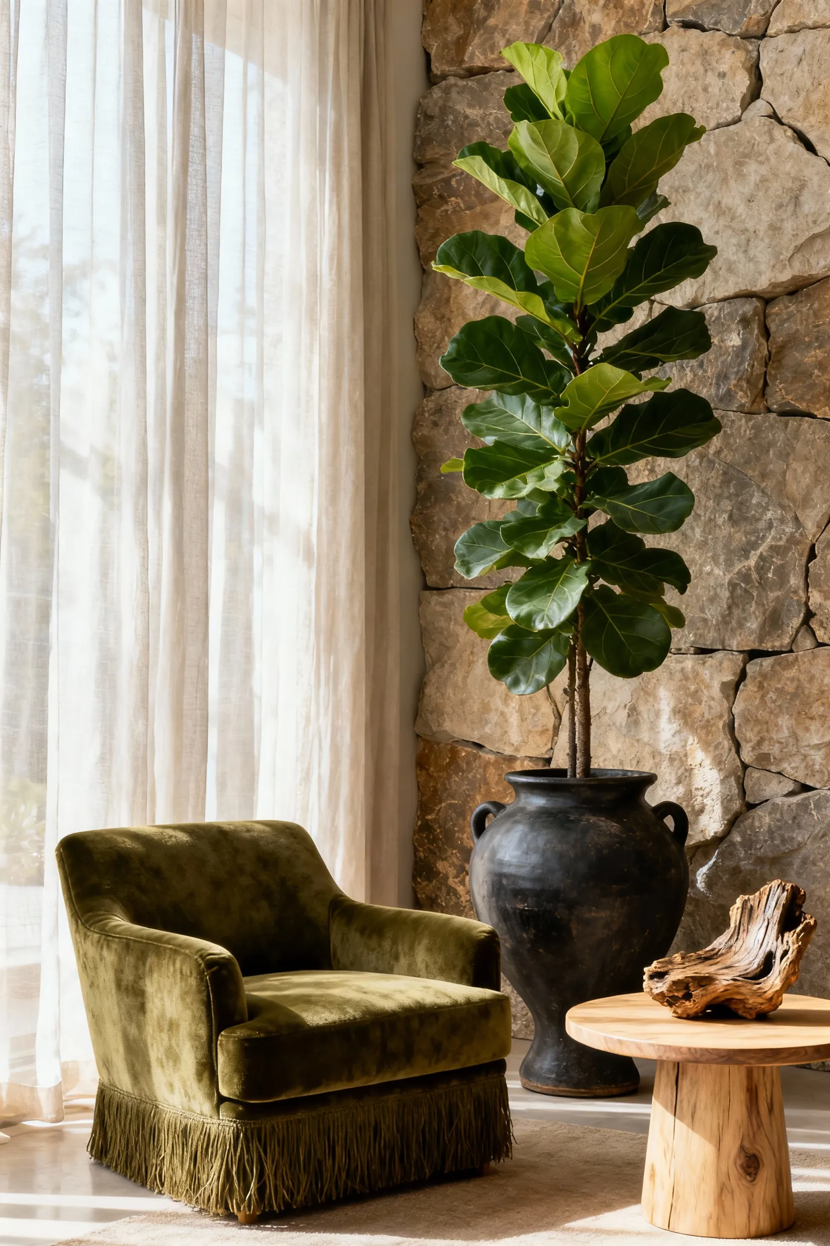 Luxurious living room corner with a tall Fiddle-Leaf Fig plant in a dark ceramic planter, an unpolished stone accent wall, and an olive green velvet armchair, showcasing biophilic design.