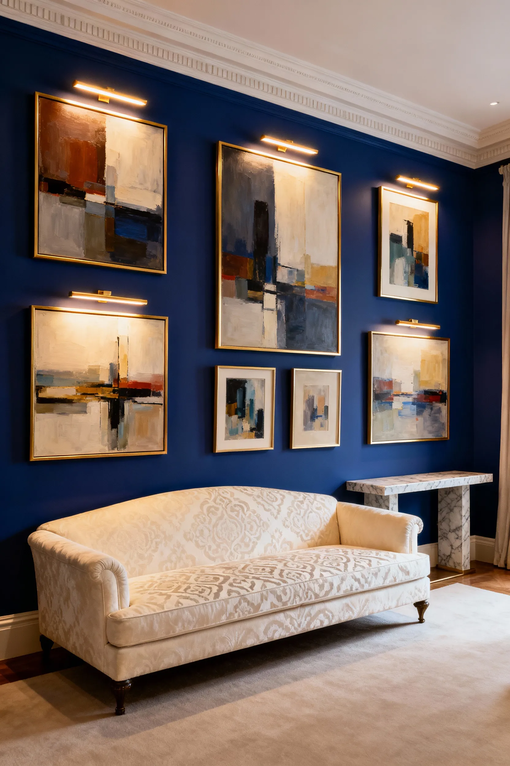 A luxurious living room featuring a meticulously curated art collection with strategically placed paintings, bespoke lighting, and elegant frames, enhancing the room's grandeur.