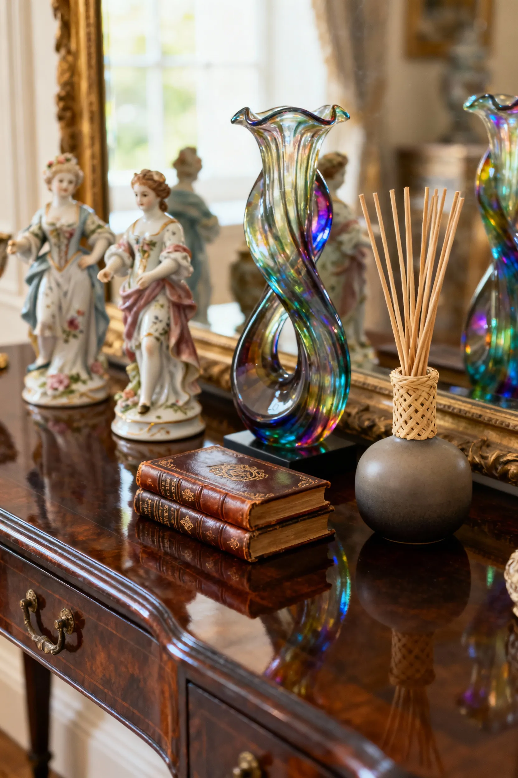 A close-up of an elegant living room vignette featuring a curated collection of antique porcelain figures, Murano glass, and sophisticated decorative accessories on a polished dark wood console table, illuminated by soft natural light.