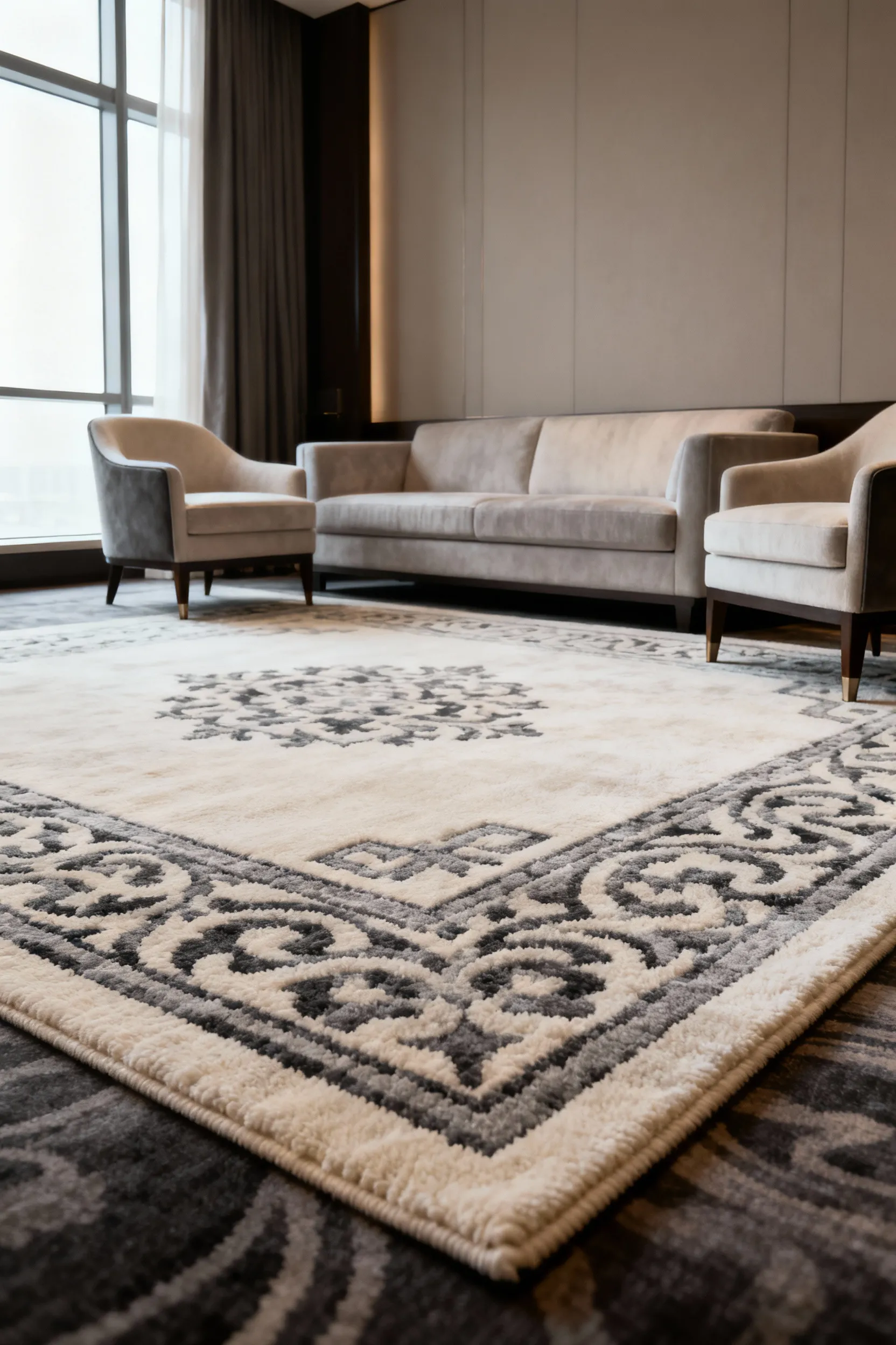 Luxurious high-pile wool area rug anchoring a sophisticated living room furniture grouping with a subtle geometric pattern, bathed in soft natural light.