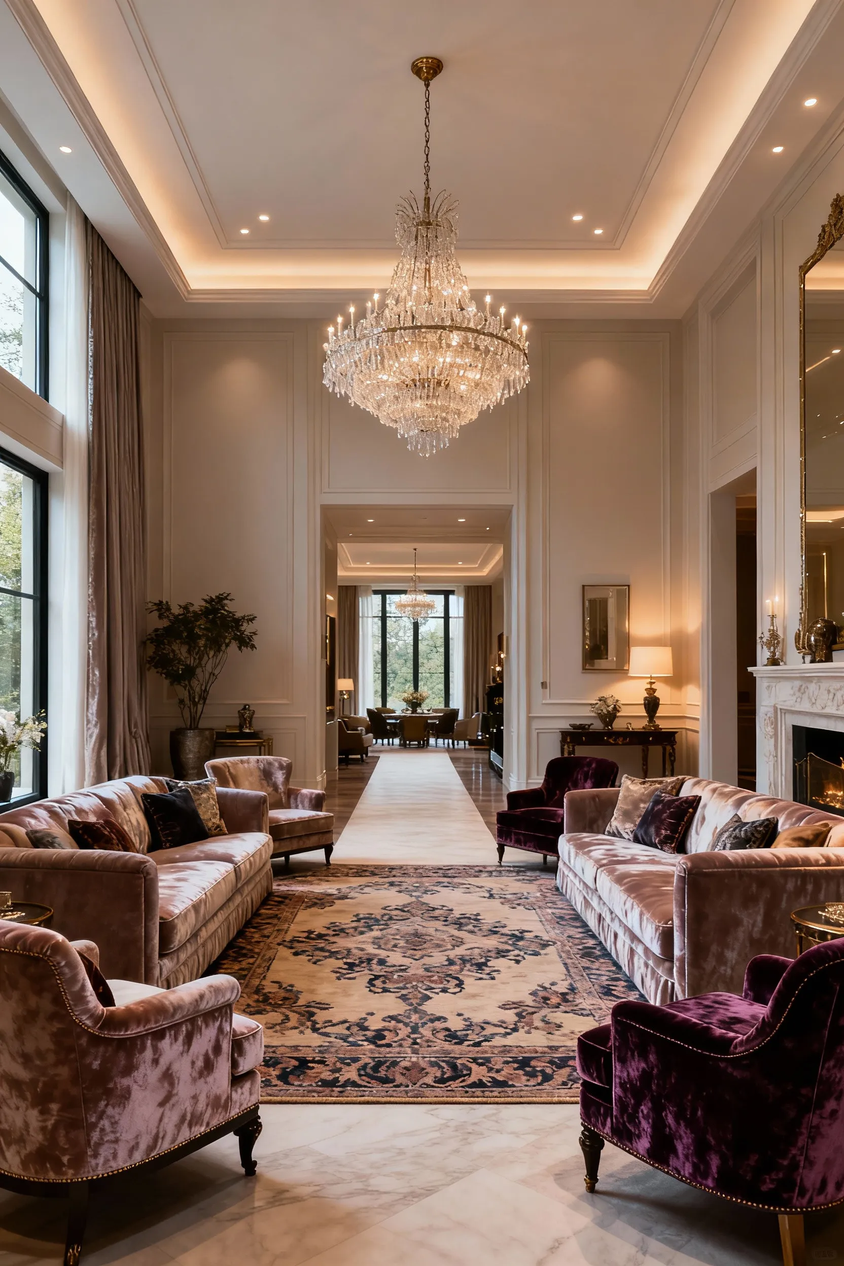 Luxurious living room interior with intentional furniture zoning creating distinct conversational areas, featuring opulent seating and a grand chandelier.
