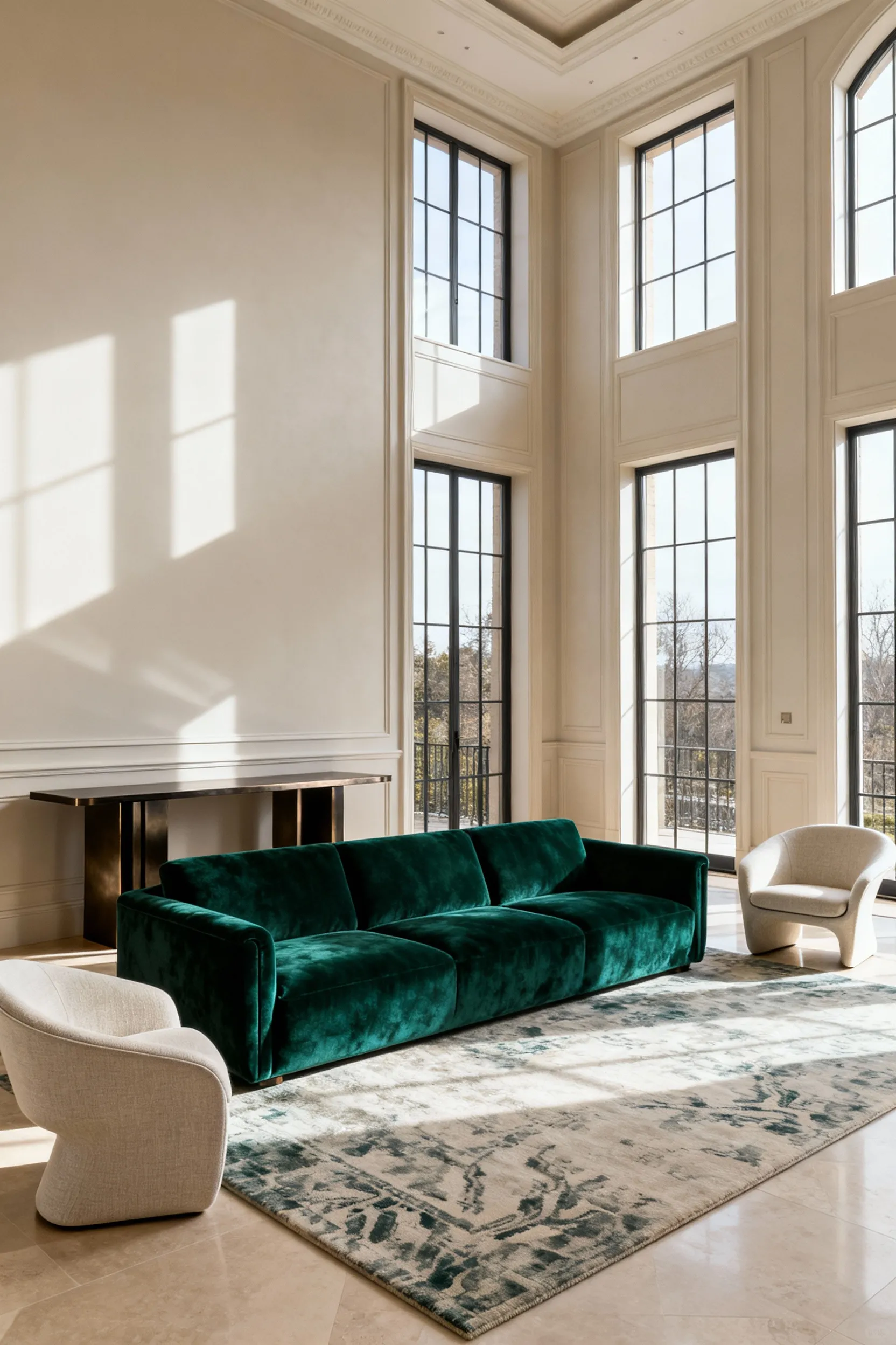 Luxurious living room showcasing perfectly balanced visual weight through carefully scaled furniture. Features a grand emerald green sofa, sleek bronze console, and light accent chairs, all harmonizing within a high-ceilinged space. No people.