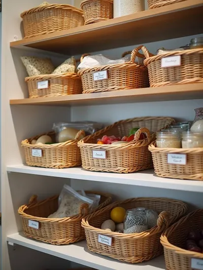 A well-organized pantry with various labeled baskets full of food items