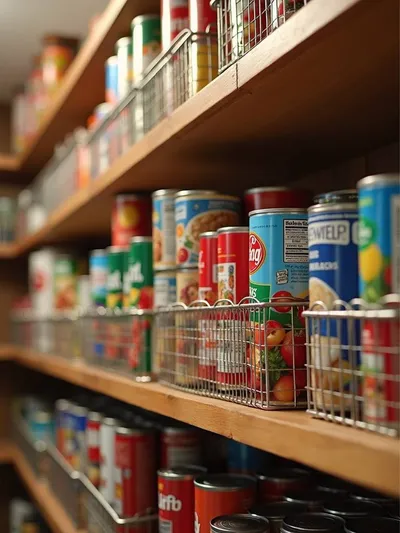 A pantry shelf with wire stackable can organizers filled with canned goods