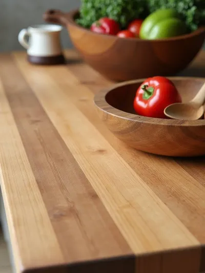 Beautifully maintained butcher block countertop displaying rich wood grain and warm tones, decorated with farmhouse kitchen accessories.