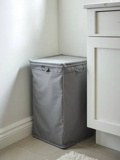 Small bathroom corner featuring a folded compact laundry hamper to save floor space.