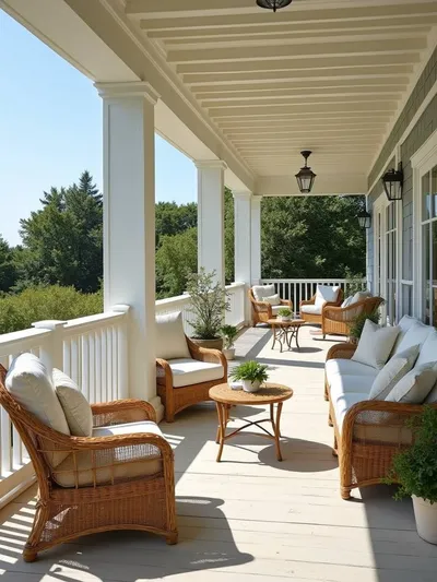A coastal-style patio retreat with natural materials and light color palette.