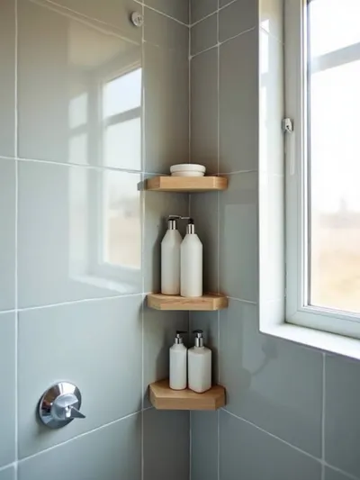 Small bathroom corner showcasing light wood corner shelves in the shower for organized storage.