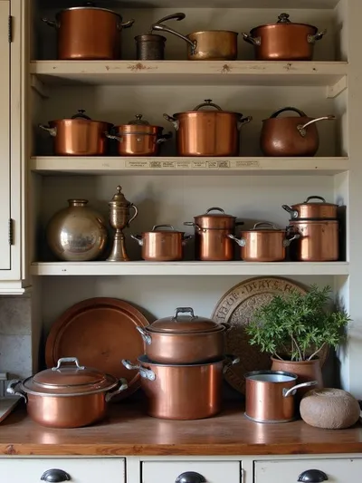 Collection of copper cookware and accessories in a farmhouse kitchen, displaying various patinas and finishes that add warmth and character.