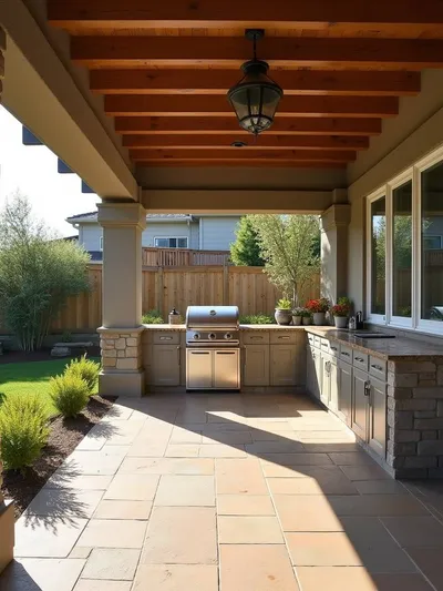 A covered patio with an outdoor kitchen with built-in grill, counter and seating.
