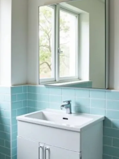 Small modern bathroom with a large frameless mirror above the vanity, reflecting light and space.