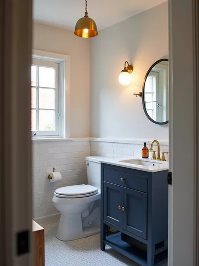 Small stylish bathroom featuring a brass pendant light fixture as a statement piece to draw the eye upward.