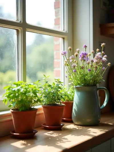 Bright kitchen windowsill garden displaying fresh herbs and wildflowers in farmhouse-style containers, bringing natural elements indoors.