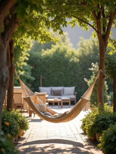 A backyard patio with a hammock and outdoor furniture for relaxation.