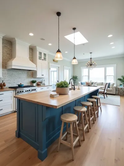 Coastal kitchen with a large island and bar seating in an open concept layout.