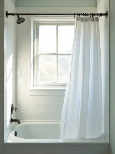 Small, bright bathroom with a clear shower curtain maximizing natural light and creating an open shower area.