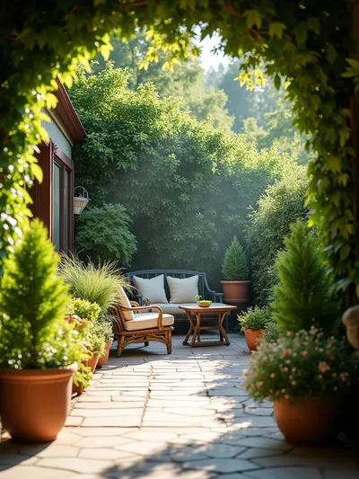 A lush garden patio with a variety of plants in containers and climbing walls.