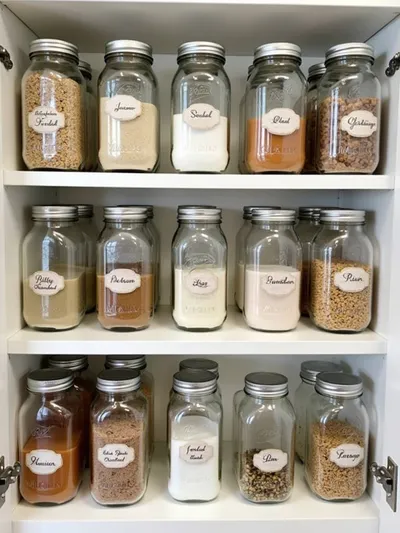 Farmhouse kitchen shelving featuring an organized collection of mason jars used for pantry storage, showcasing both functionality and vintage charm.