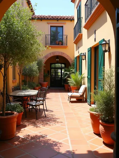 A Mediterranean-inspired patio design with terracotta tiles and potted plants.
