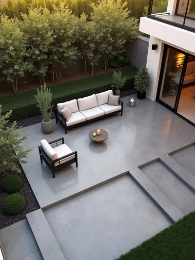A clean modern minimalist patio with concrete surface and sleek lines.