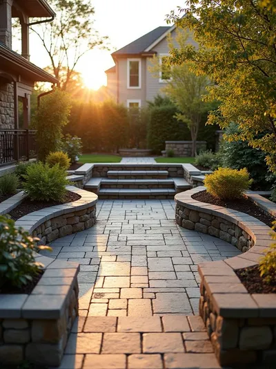 A multi-level patio design showcasing various heights and zones in a backyard.