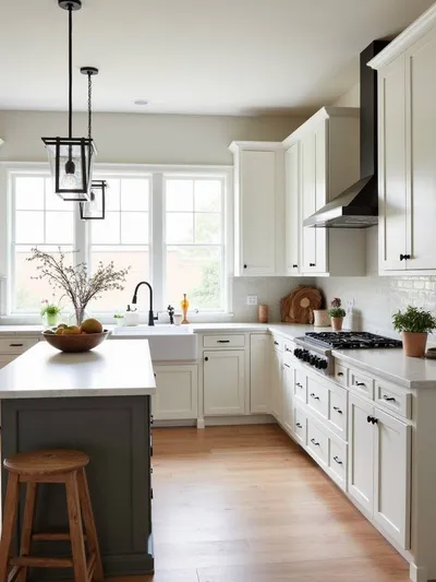 Elegant farmhouse kitchen showcasing a sophisticated neutral color scheme with varied textures and materials creating visual depth and interest.