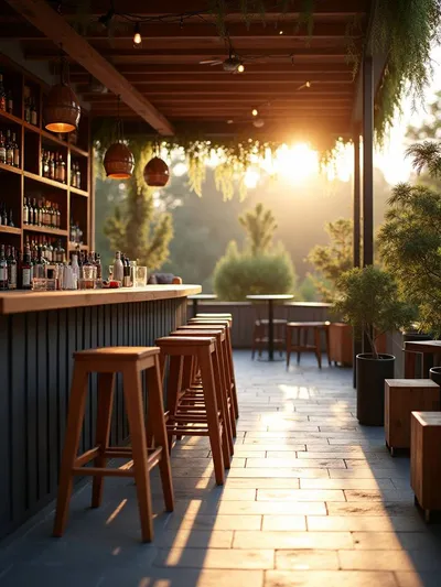 A backyard patio with a bar, outdoor seating and bar equipment.