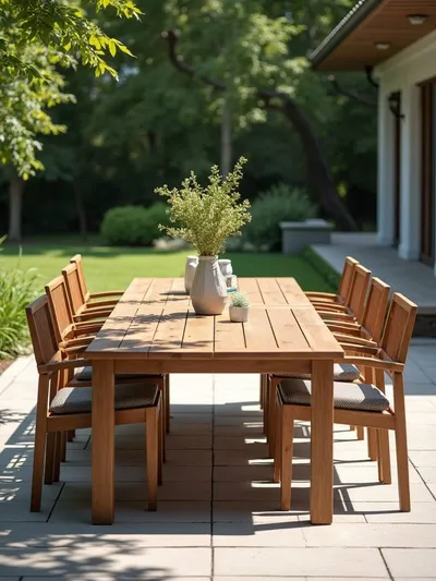 An outdoor dining patio with a table, patio chairs, and lighting.