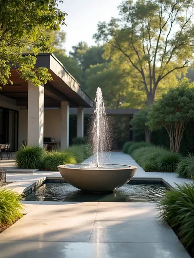 A patio design with a modern fountain adding to the patio ambiance.