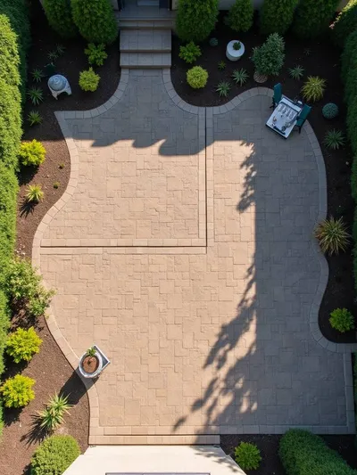 A backyard paver patio with geometric patterns using a variety of paver shapes.