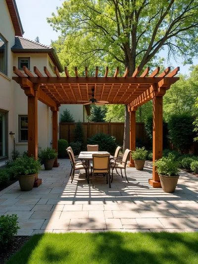 A patio with a wooden pergola creating a shaded outdoor space.