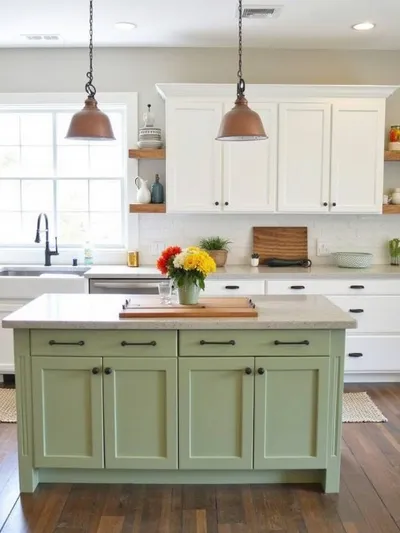 Bright farmhouse kitchen with a painted sage green island and carefully curated colorful accents, demonstrating balanced color integration.
