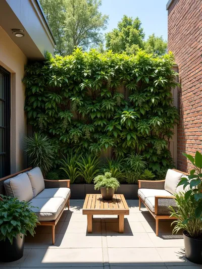 A small patio featuring a vertical garden on the wall using various planter boxes.