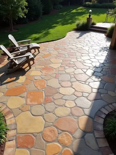 A backyard patio with stamped concrete, resembling stones and custom designs.