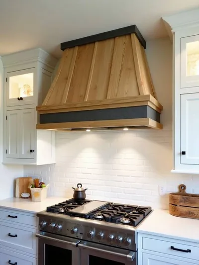 Striking farmhouse range hood featuring custom design elements and mixed materials, serving as a beautiful focal point.