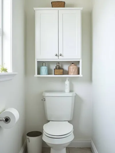 Small bathroom featuring a white over-the-toilet storage cabinet for hidden and efficient organization.