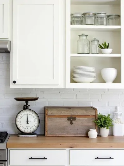 Curated display of vintage farmhouse kitchen accessories harmoniously blended with modern elements, creating depth and character.