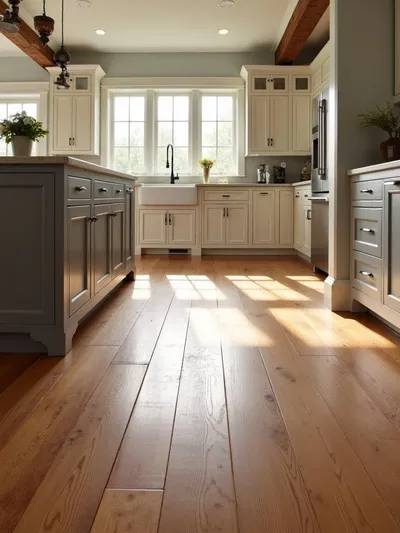 Warm wide plank wood flooring in a farmhouse kitchen, highlighting the natural beauty and timeless appeal of traditional-style boards.