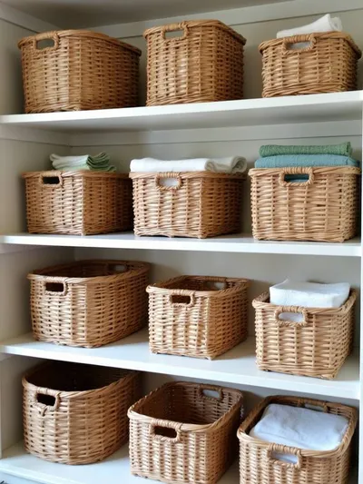 Beautifully arranged woven storage baskets in a farmhouse kitchen, demonstrating practical organization with rustic charm.