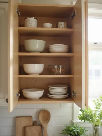 Organized kitchen cabinet with tiered bowl organizer