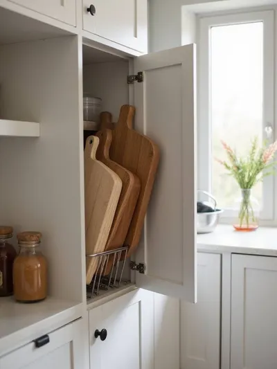 Cutting board rack inside kitchen cabinet storing multiple cutting boards vertically.